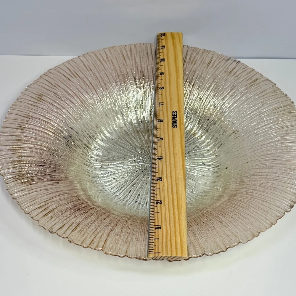 Champagne Pink Foil Art Textured Glass Centerpiece Bowl Ribbed 12 Inch Round